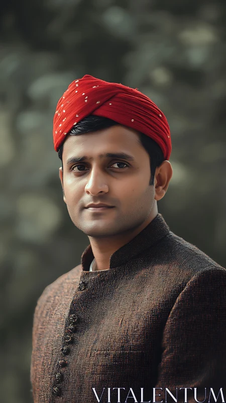 Crimson turbaned gentleman framed in soft forest hush.