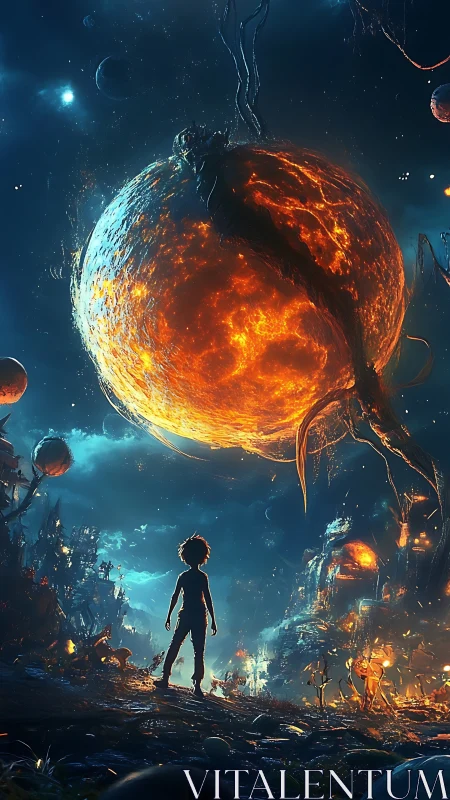 Child confronts a burning alien planet in luminous night