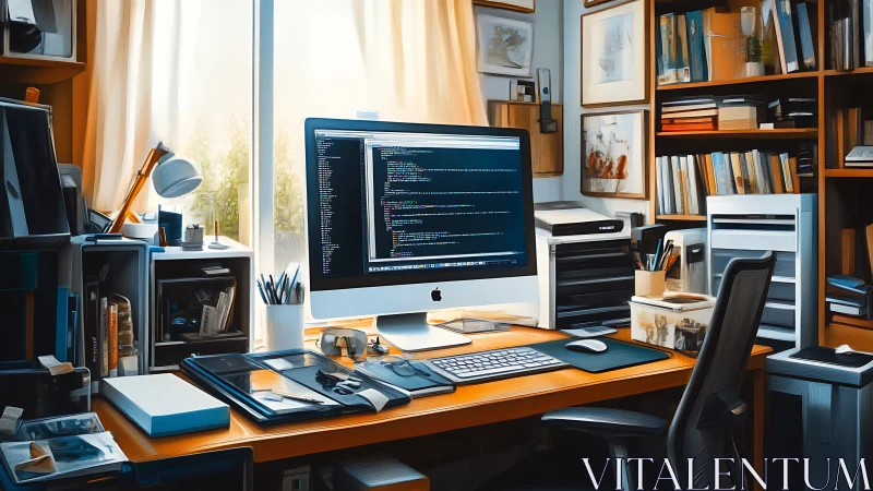 Sunlit programmer’s home office glows with focused calm