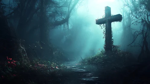 Midnight fog crowns a forgotten forest cross with quiet fire