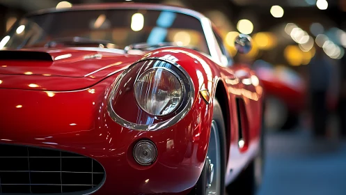 Crimson classic coupe prowls under candy bokeh lights.