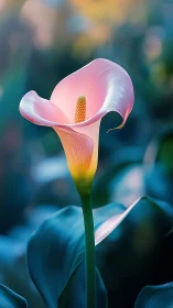 Pink calla lily with golden spadix against bokeh garden backdrop.