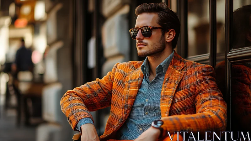 Man wearing orange plaid blazer sits outdoors in city
