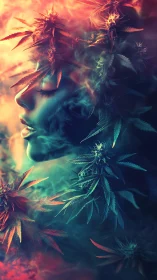 Dreamy goddess in neon smoke and surreal foliage glow.