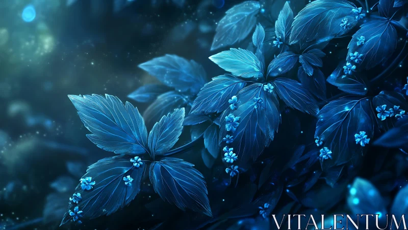 Moonlit sapphire leaves cradle tiny glowing forest blossoms.