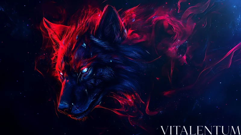 Wolf head illustration integrates neon red and blue light flows