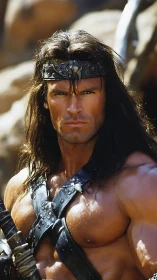 Sunlit barbarian champion in leather harnessed battle poise.