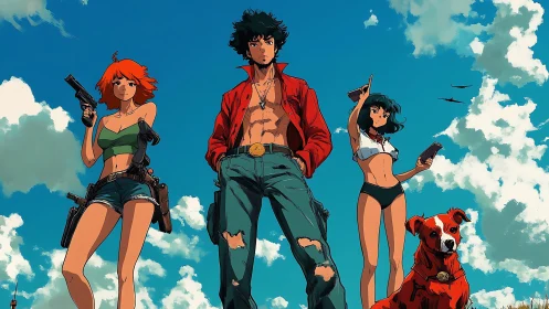 Armed skybound trio and companion canine under stylized cumulus.