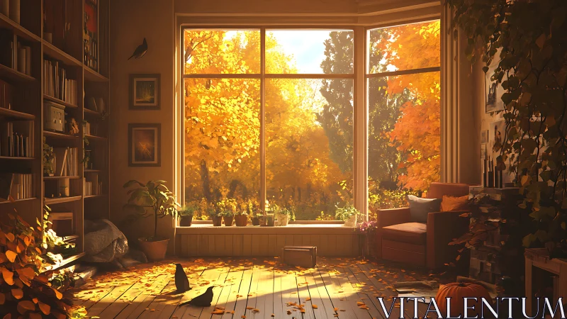 Cozy autumn reading nook glowing with gentle golden light.