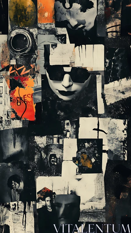 Concept art collage with fragmented noir portraits and textures.