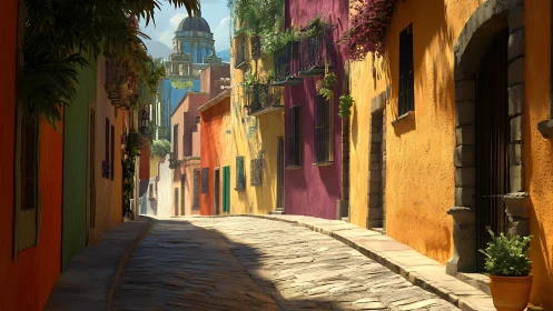 Sunlit narrow street with multicolored stucco facades.