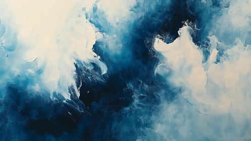 Abstract blue and white cloudscape in modern fluid art style.