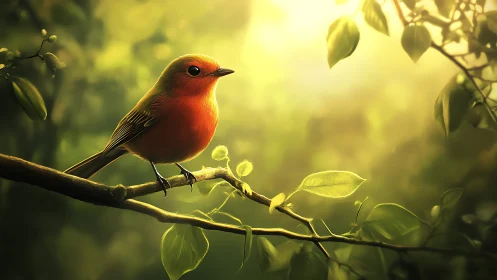 Vibrant robin perched on branch in sunlit, dreamy forest scene.