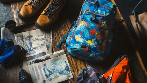 Adventure travel flat lay composition displaying hiking boots and blue patterned backpack
