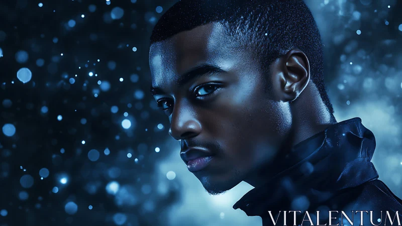 Moody blue portrait of a young man in shimmering light