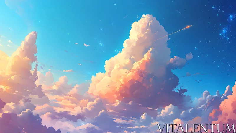 Spectral cumulonimbus panorama with luminous meteor trail.