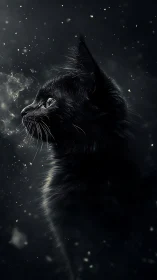 Black feline silhouette against dark background with luminous particle effects.