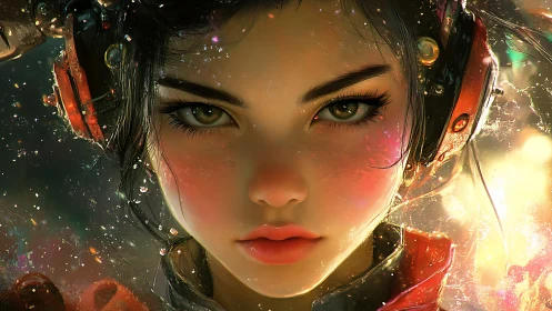 Glowing cyber girl gazes forward in dreamy neon light