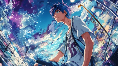 Skyline daydreamer under neon-splashed evening clouds.