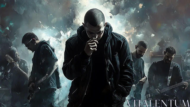 Rock band stands onstage under dramatic painted lighting