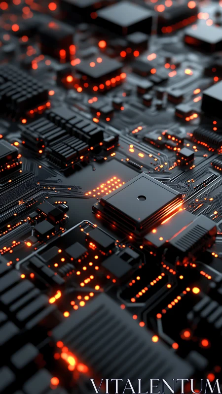 Glowing microchip sits on dense black circuit board surface