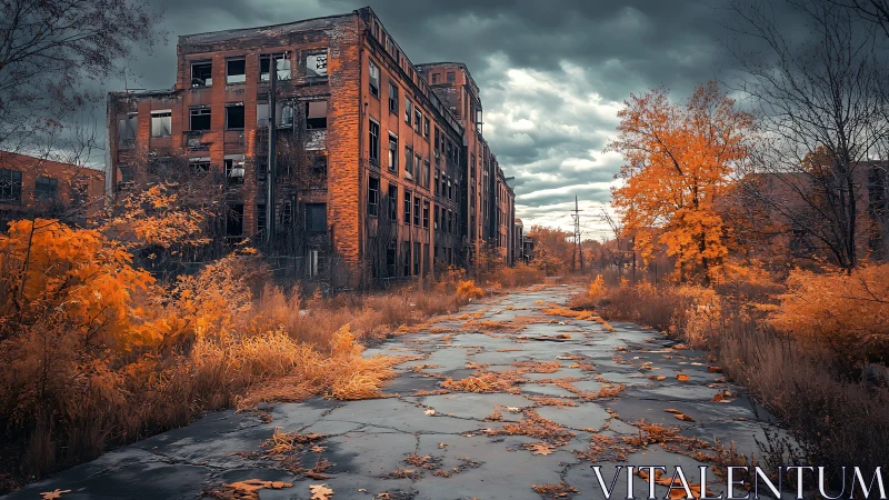 Rust-brick factory dreaming beneath ember autumn clouds.