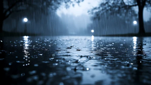 Rain-soaked pavement reflects glowing park lights at night.
