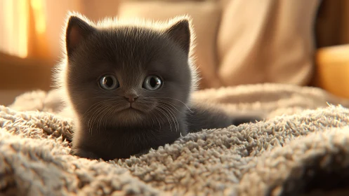 Black Kitten Portrait with Striking Emerald Eyes. Digital Rendering.