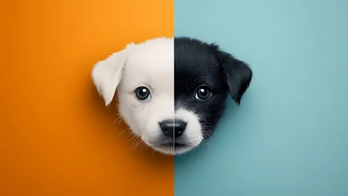Twin-toned puppy portrait split by bold color worlds.