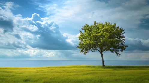 Solitary Green Tree on Grassy Field beside Calm Blue Lake, Realistic Style.