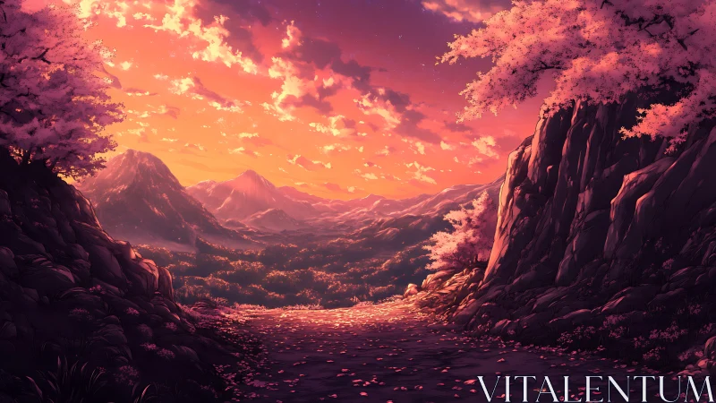 Sunset valley path under whispering cherry embers.