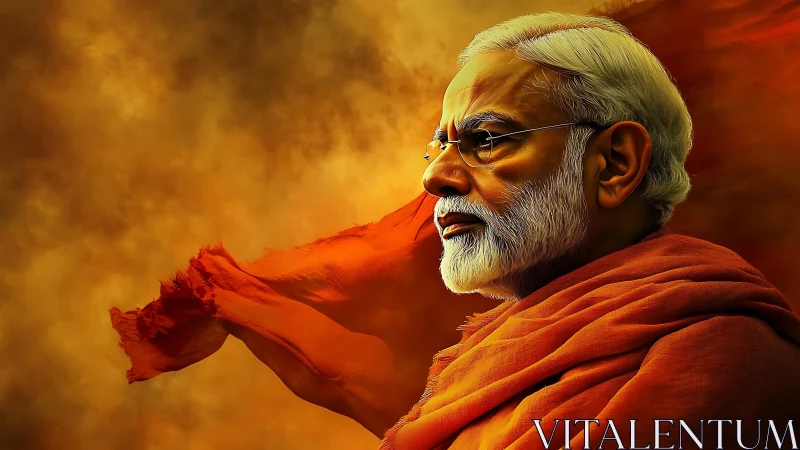 Elderly leader profile with flowing saffron drapery, lit flame-gold