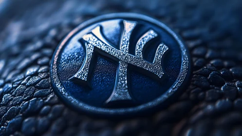 Close-up of Textured NY Emblem on Dark Leather Surface, Realistic Style.