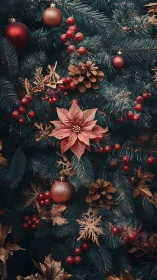 Christmas tree closeup with red baubles and pine cones.