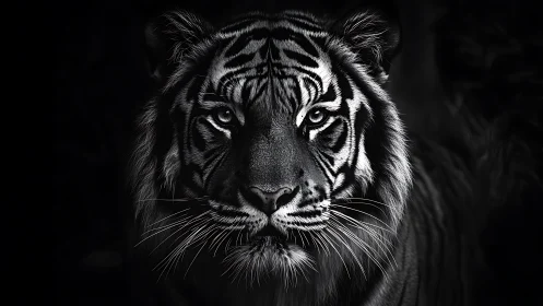 Monochrome tiger portrait in dramatic low key lighting.