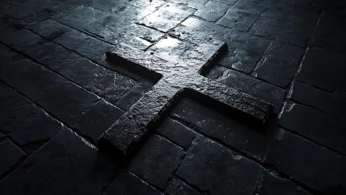 Stone cross in wet cobblestone floor under dramatic light.
