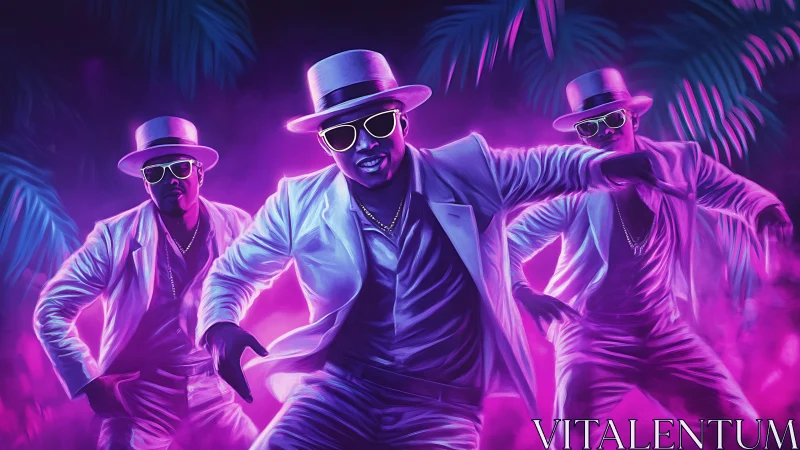 Three neon-lit dancers move in sync in tropical lighting