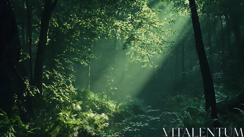 Dense forest with sunlight streaming through canopy