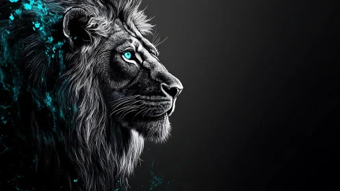 Bioluminescent cyan lion profile in high-contrast digital chiaroscuro.