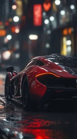 Red hypercar glows under neon rain on reflective city street.