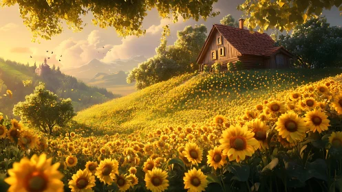 Sunlit wooden cottage above panoramic golden sunflower valley