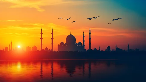 Sunrise mosque skyline with reflective water and avian silhouettes.