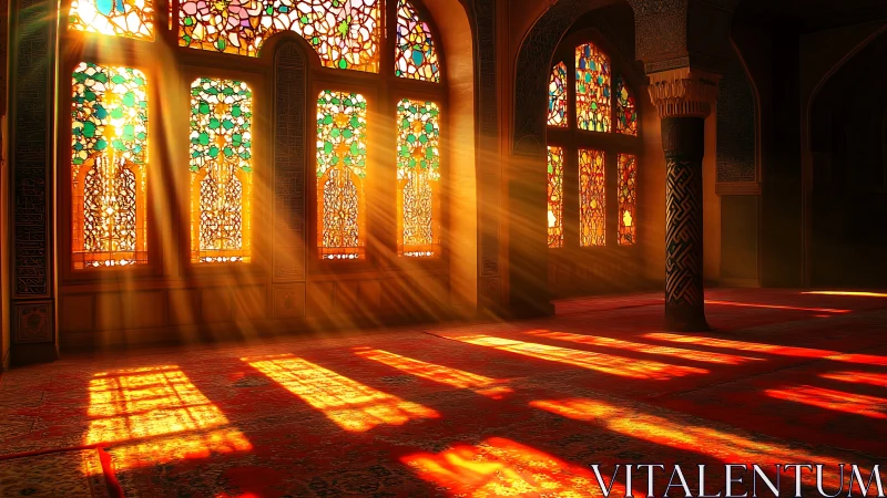 Sunlit stained glass windows in ornate interior space.