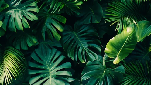 Dense tropical foliage with overlapping monstera and palm leaves