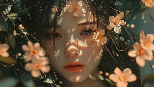 Soft spring gaze framed in drifting peach blossoms.