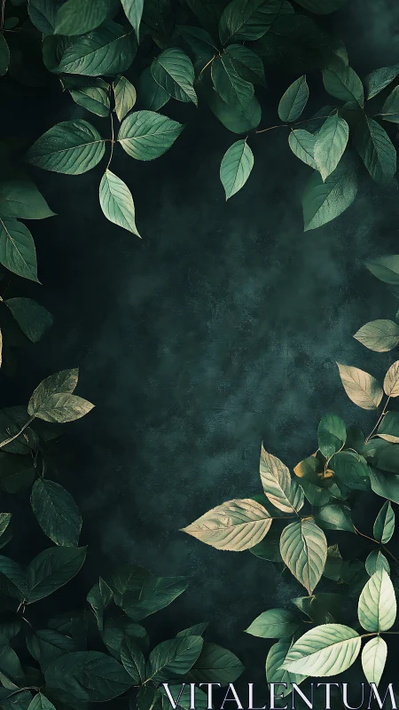 Green leaves frame dark textured background space
