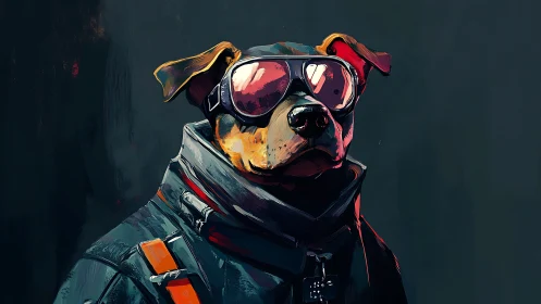 Canine aviator portrait in stylized chromatic flight gear.