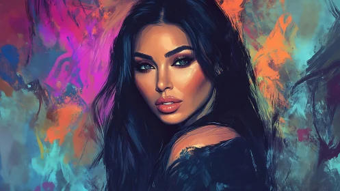 Sultry digital portrait with neon brushwork and vivid bokeh.