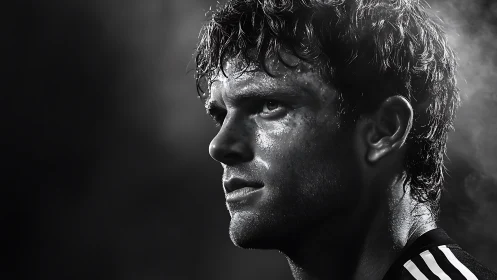 Sweat covered male athlete in dramatic side profile portrait.