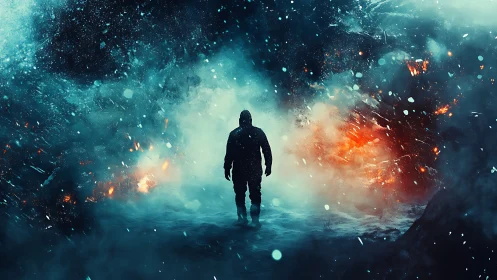 Solitary explorer crossing elemental fire and ice vortex.